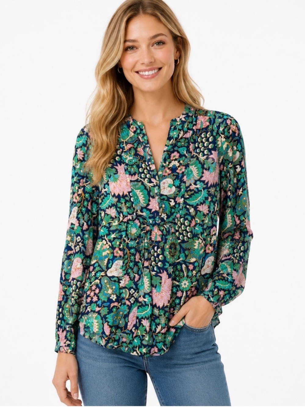 LOFT Bright Floral Print Split V-Neck Long-Sleeve Pullover Blouse Sz. XS